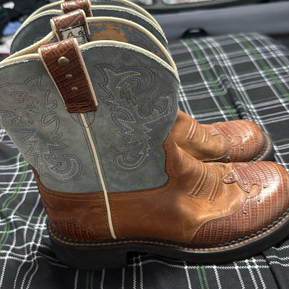 Ariat Fatbaby Original boots Western Womens Sz 8 1/2B Cowboy Brown & Teal Green